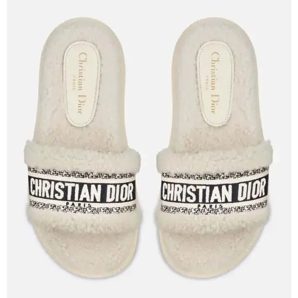 Christian Dior Dway Blue White Shearling Fur Logo Chunky Slide Flat Sandal 41